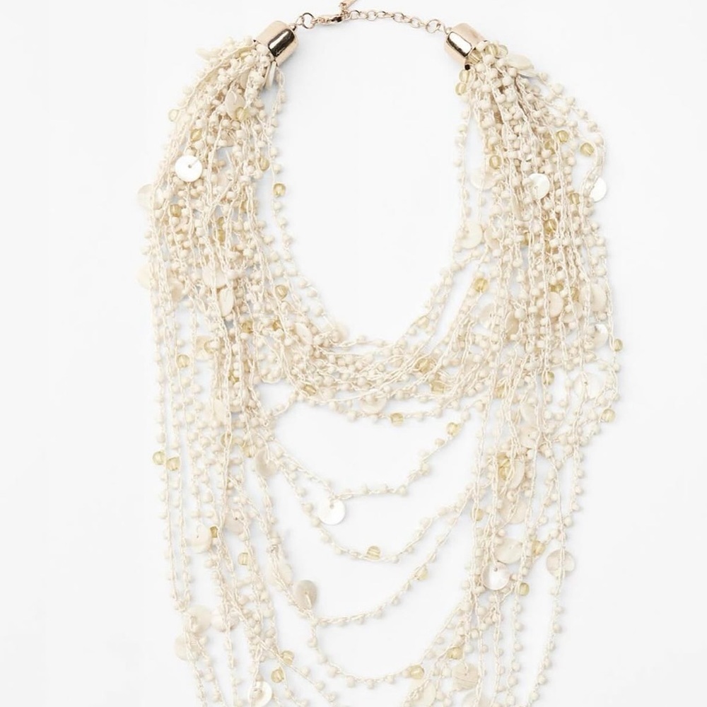 Zara Beaded Shell Bib Necklace Cream & Gold & Shells Lobster Closure NIB NWT